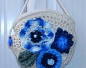 Crochet Cream Purse, Blue Flower, Freeform Crochet Embellishment, Boho Gypsy, Upcycled, French Market Chic