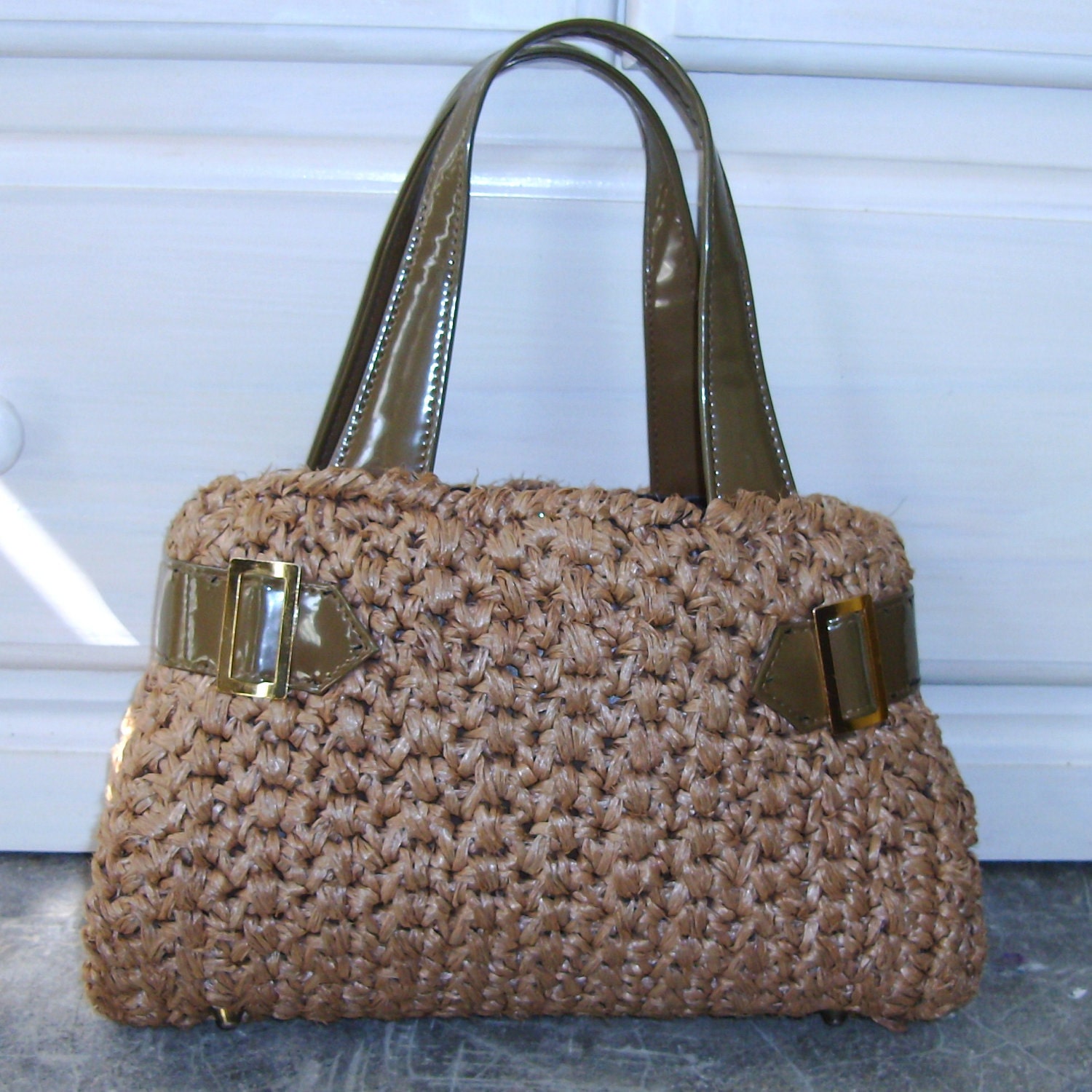 Vintage Crochet Purse, Retro Handbag, Brown Olive, ADG Imports, Vinyl Trim, Mad Men, 1960s 1970s