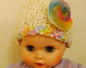Crochet Hat Baby, Photo Prop, Rainbow Handmade, Yellow Flapper, removable flower pin