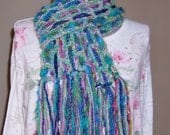 Handmade Crochet Scarf, Monet Garden, Vivid Blue Green Purple, Freeform Boa Neckwrap