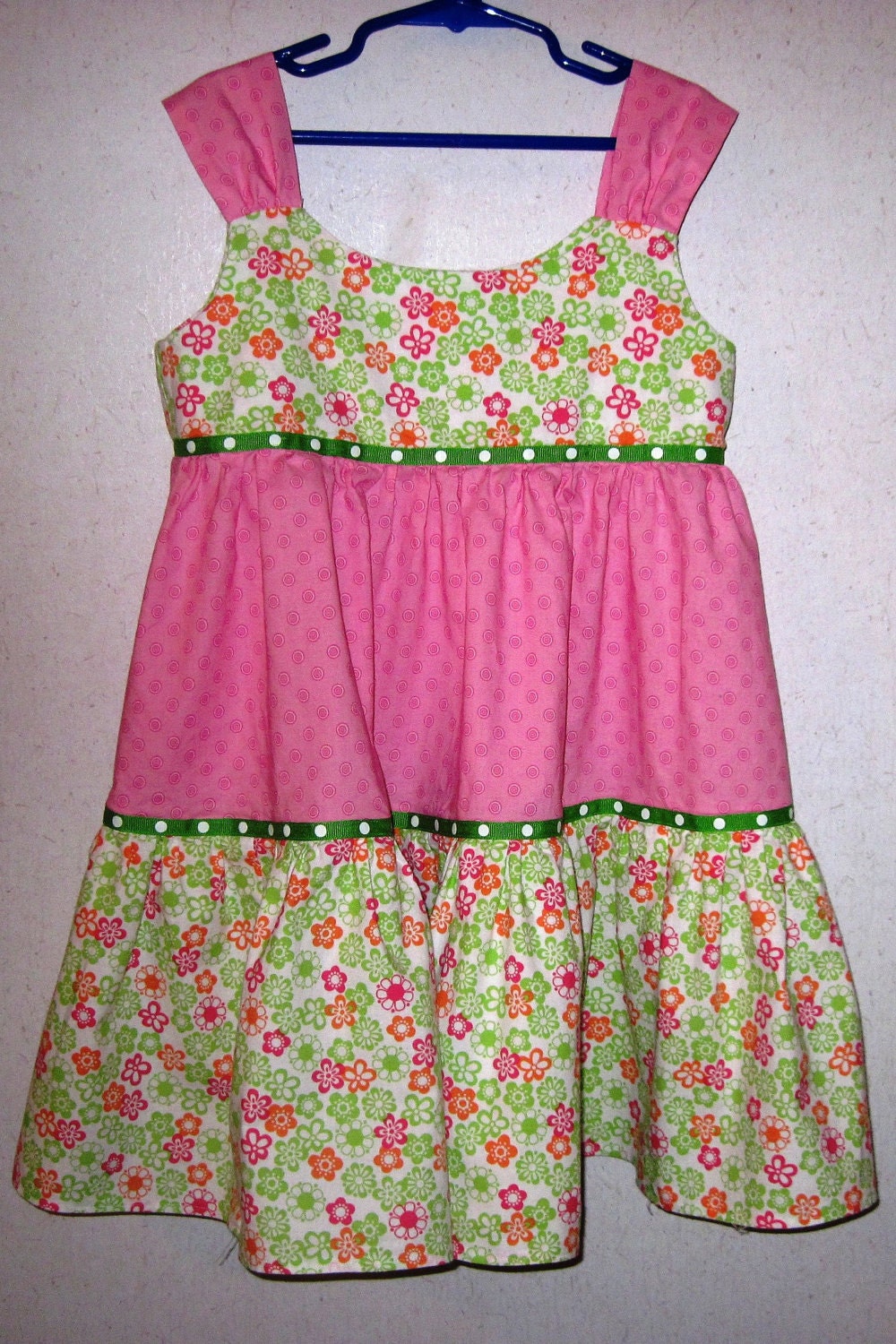 Bright Summer Sundress in Pink and Lime Print size 6
