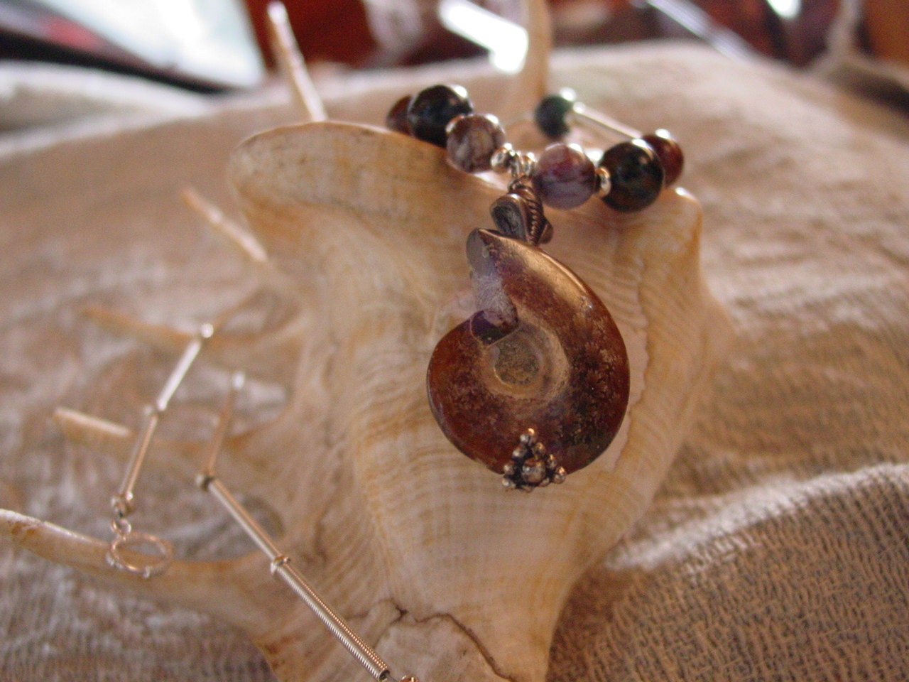 Gwynstone Ammonite and Pietersite necklace a choker with snail appeal