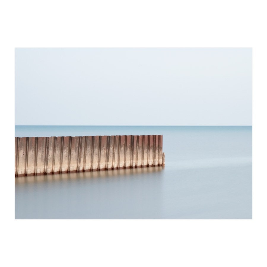Landscape Art - Rusty Metal Wave Break, Calm Blue Water, Architectural, Ocean, Lake Erie, Minimalist - Port Bruce 1 8x10