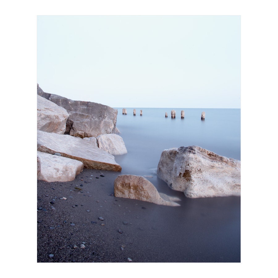 Beach photograph - Quiet image of rocks, wooden posts, and blue ocean water, colour landscape photography - Lake Erie 12 8x10
