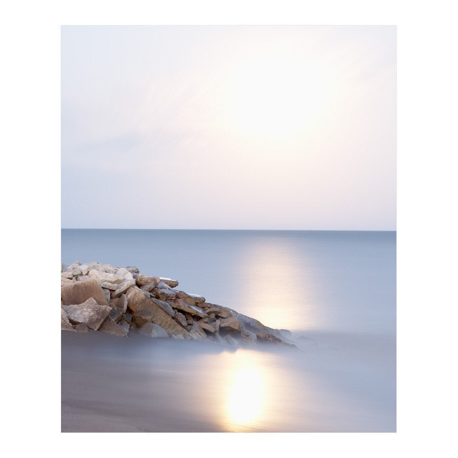 Surreal Photography - Ethereal full moon in evening sky over dark sapphire blue ocean. Seascape photo - Lake Erie 7, Moonrise 8x10
