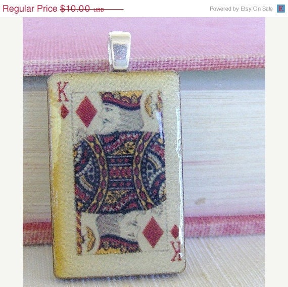 SALE TODAY Wooden Charm Pendant Necklace, Playing Cards, King of Diamonds