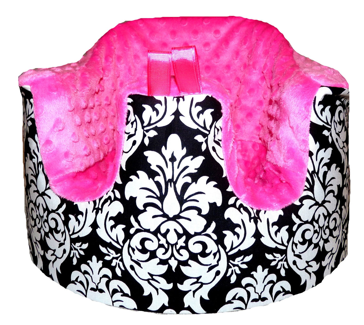 Home of the Orignial Bumbo Seat COVER in Michael Miller's Black/White Dandy Damask with Hot Pink Minky Upgrade
