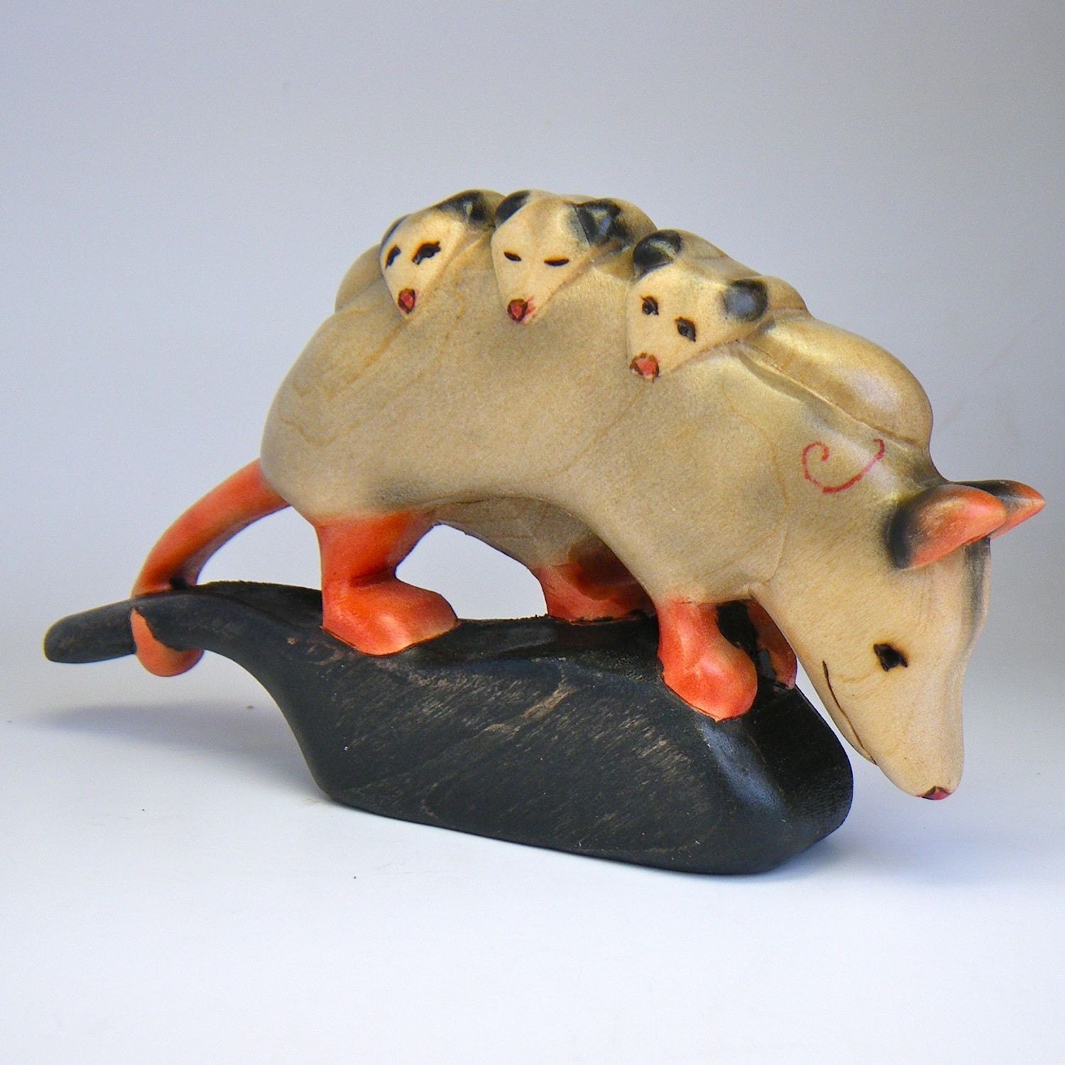 Opossum with Babies Painted Wood Carving