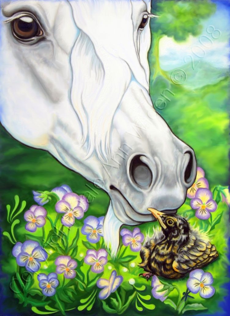 Unicorn ACEO White Horse Illustration Baby Bird Art Print The Fledgling