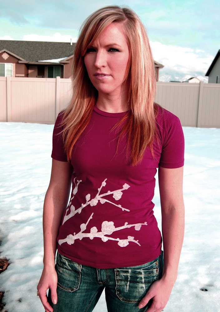 LIMITED EDITION- Cherry Blossoms Tee in Maroon and White Fitted Womens Alternative Apparel