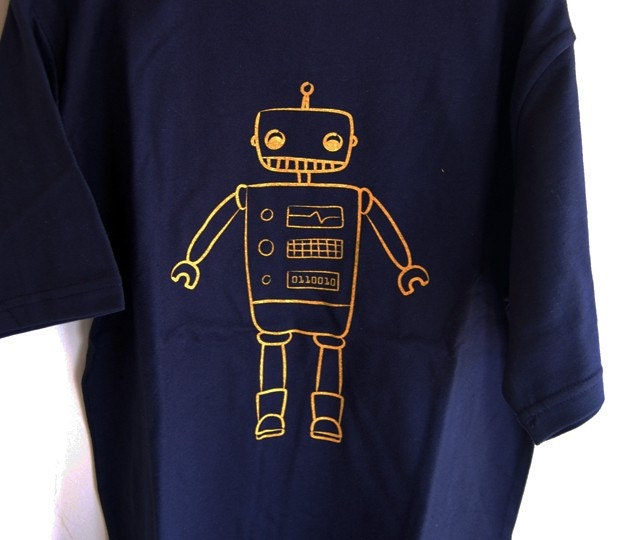 Kids LARGE and XXL Robot T-Shirt in Navy Blue and Gold 10-12 and 18