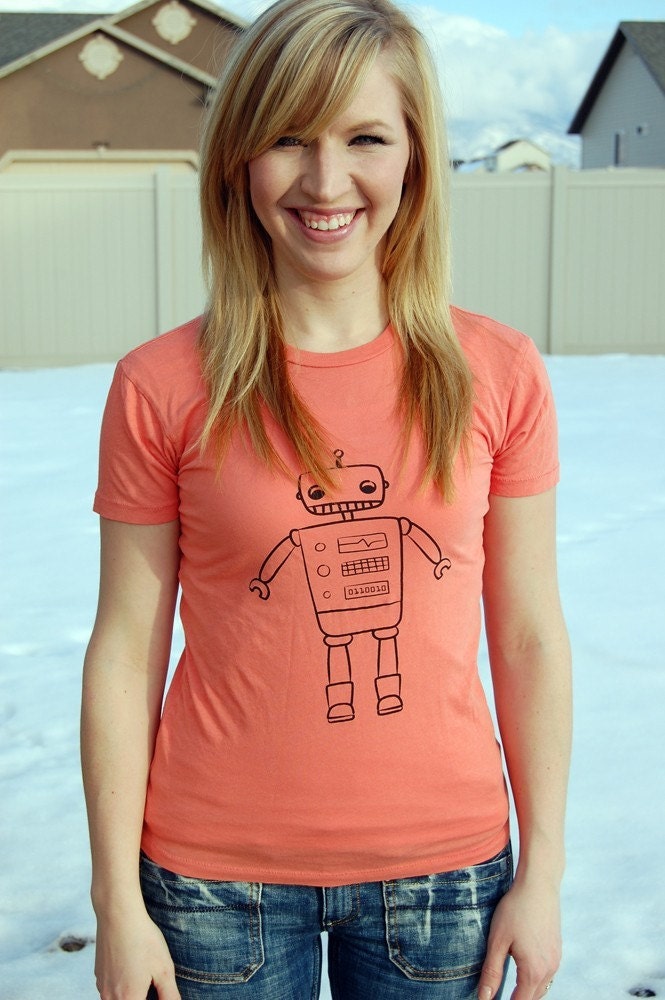 Robot Womens Fitted Alternative Apparel Tee in Peach and Black