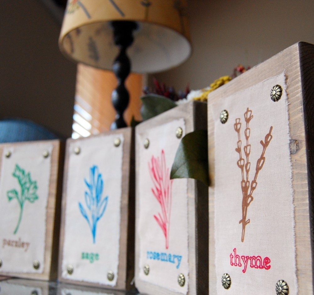 CLEARANCE Scarborough Fair Fabric and Wood Decorating Signs Full Set of Four- Parsley Sage Rosemary Thyme