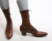 Vintage Prairie Boots Caramel Brown Victorian Lace Up Oxford Boots - US Size 6.5 6 narrow Small Heeled Sherlock Holmes Harvest