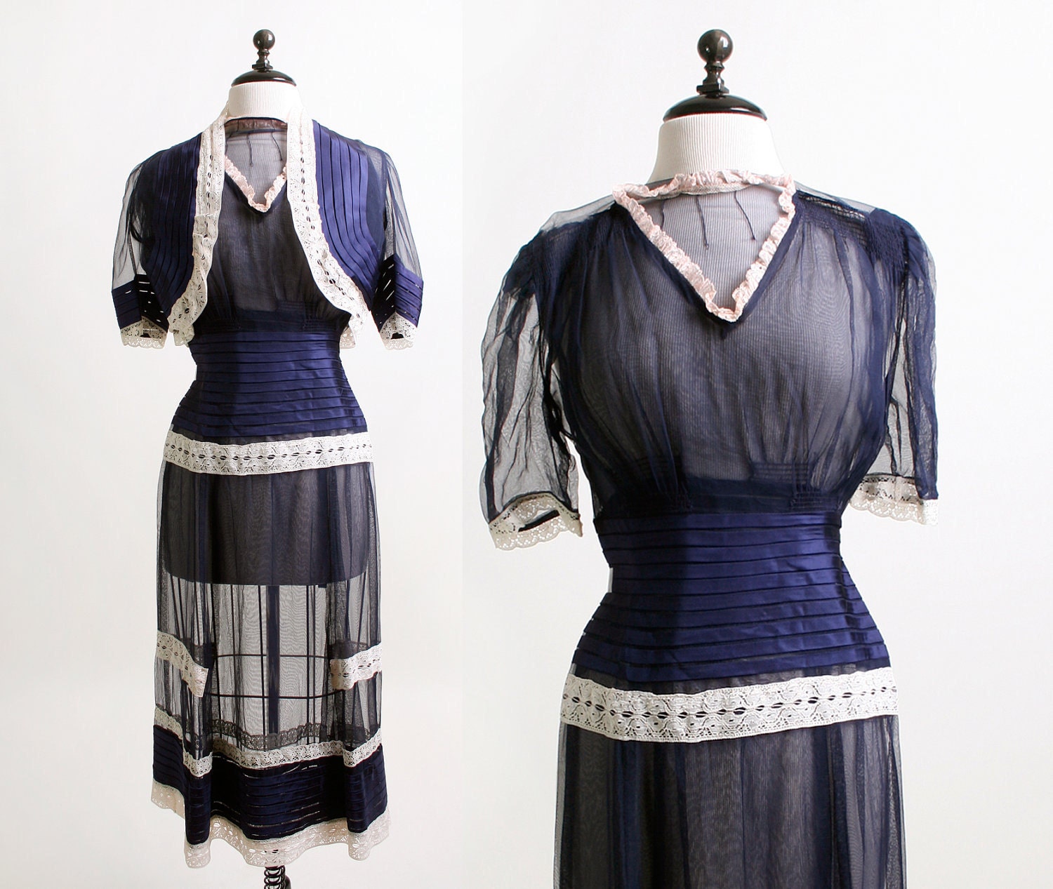 1940s Sheer Dress - Dark Navy Blue and White Lace Dress and Coat Blouse - Small