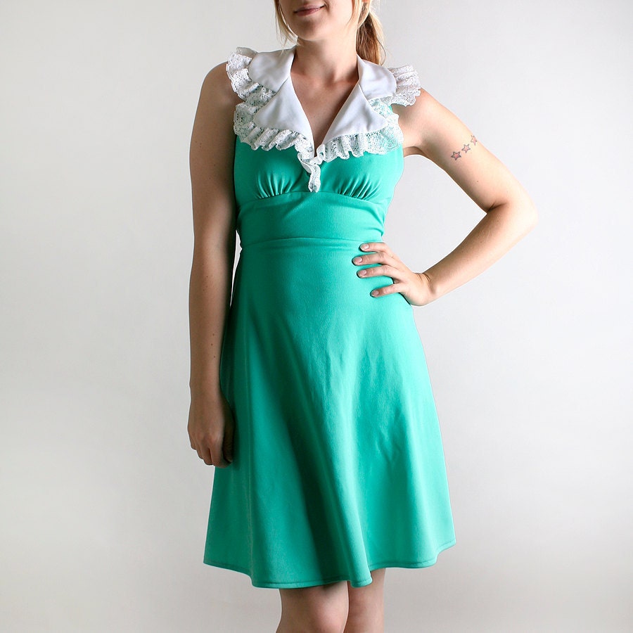RESERVED - Vintage 1970s Mini Dress in Jade Green - Halter Style - Small Spring Summer Fashion
