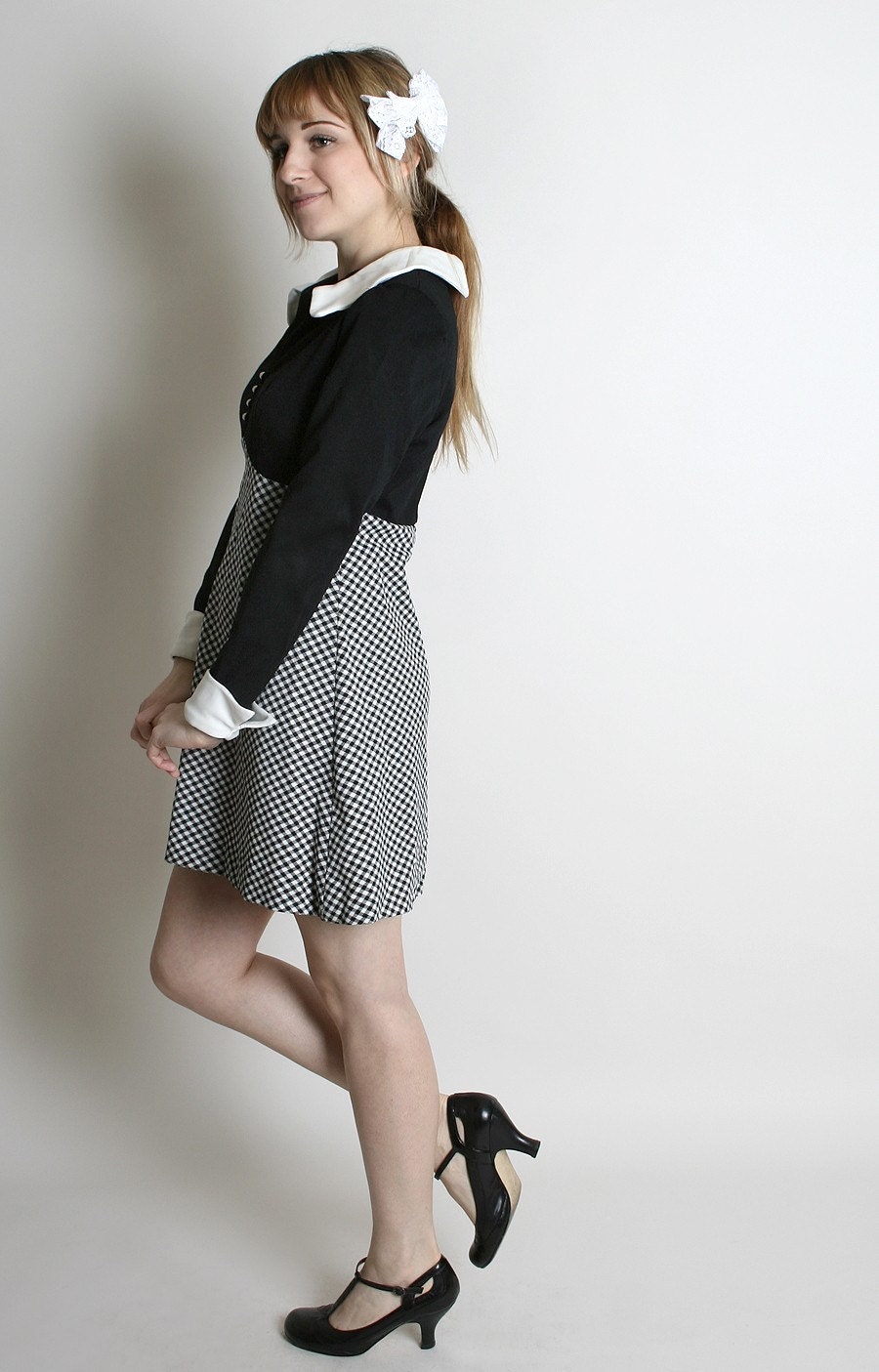 RESERVED - Wednesday Addams Dress Vintage Black White Checkered Mini Dolly 1970s Medium