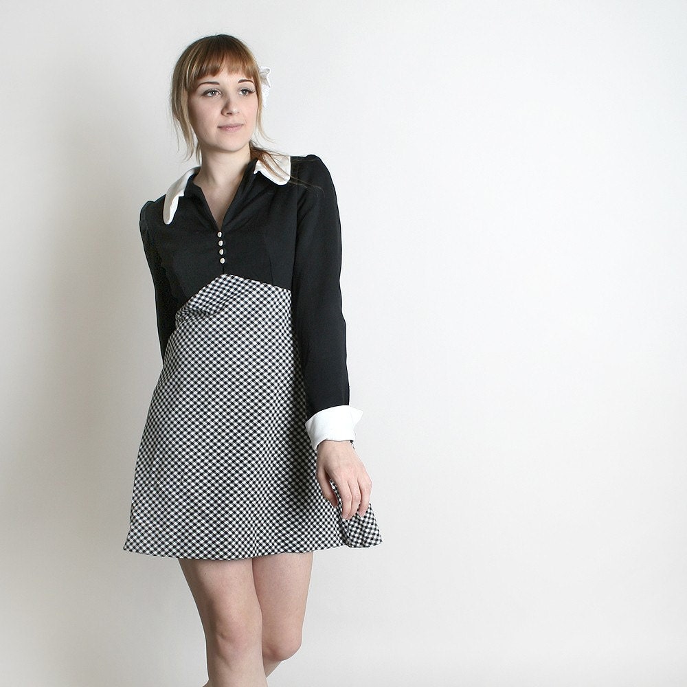 RESERVED - Wednesday Addams Dress Vintage Black White Checkered Mini Dolly 1970s Medium