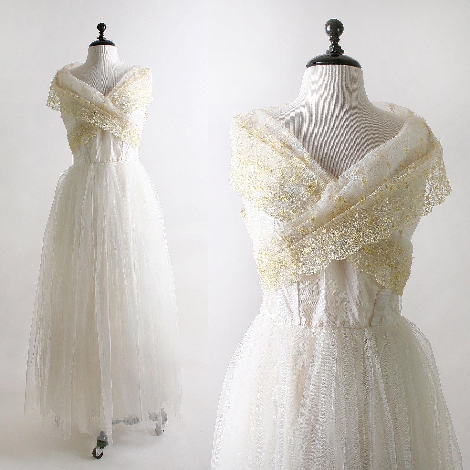 1950s Wedding Dress Winter Vintage Pure White and Lemon Yellow Tulle Prom Fashion