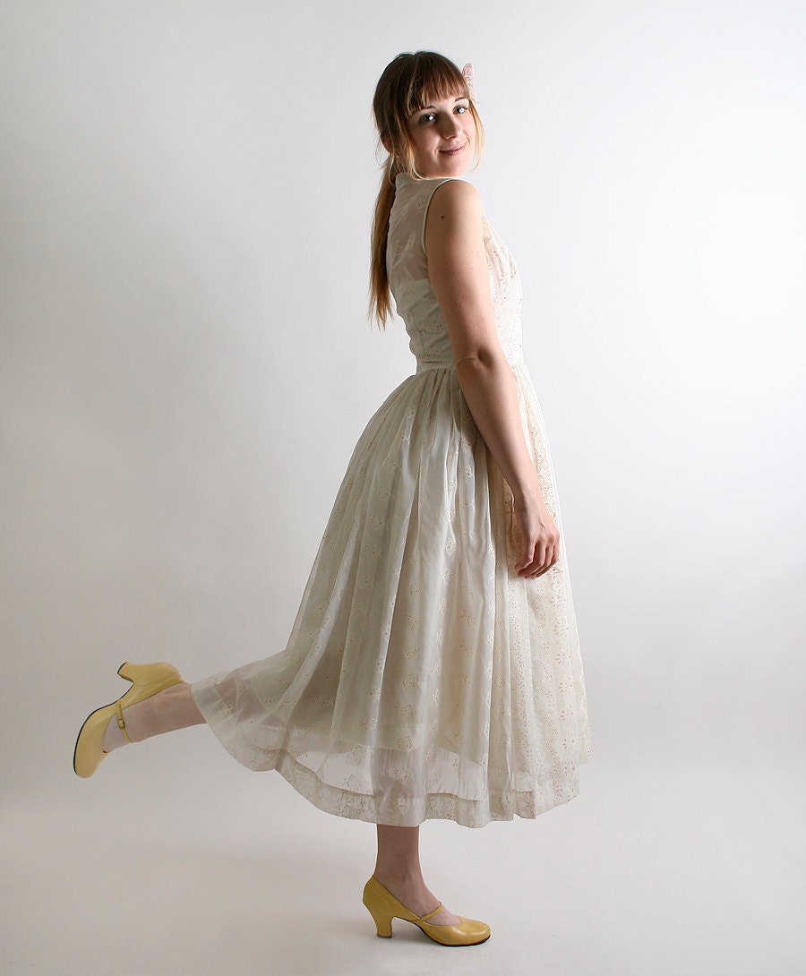 1950s Rhinestone Dress Vintage Ivory White with Pink Floral Design - Small Wedding Reception Dress