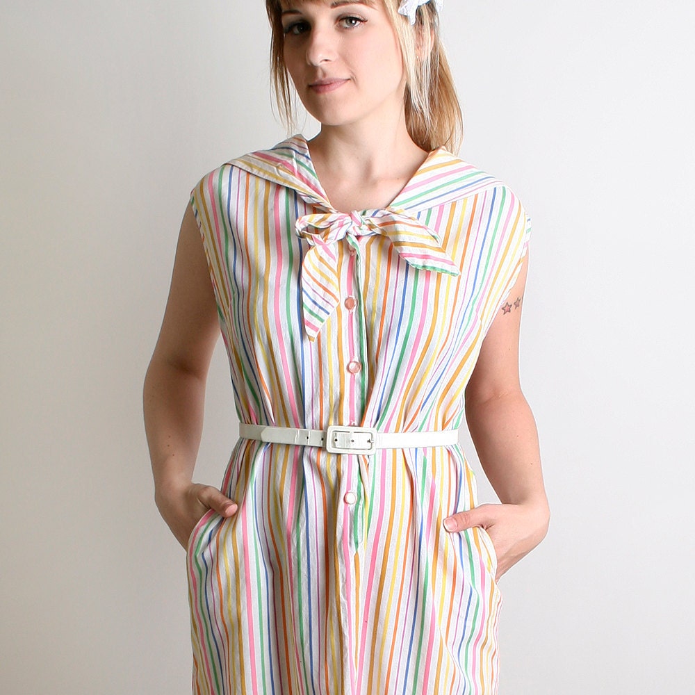Vintage Rainbow Dress - Bright Pin Striped Tunic - Large XL Spring Summer Vacation
