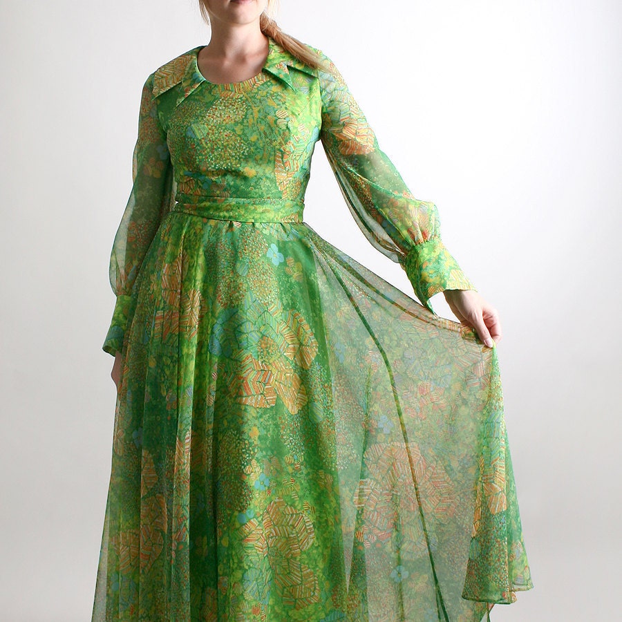 1970s Maxi Dress Sheer Mint Vintage Garden Princess Length Gown - Medium Peridot Fashion