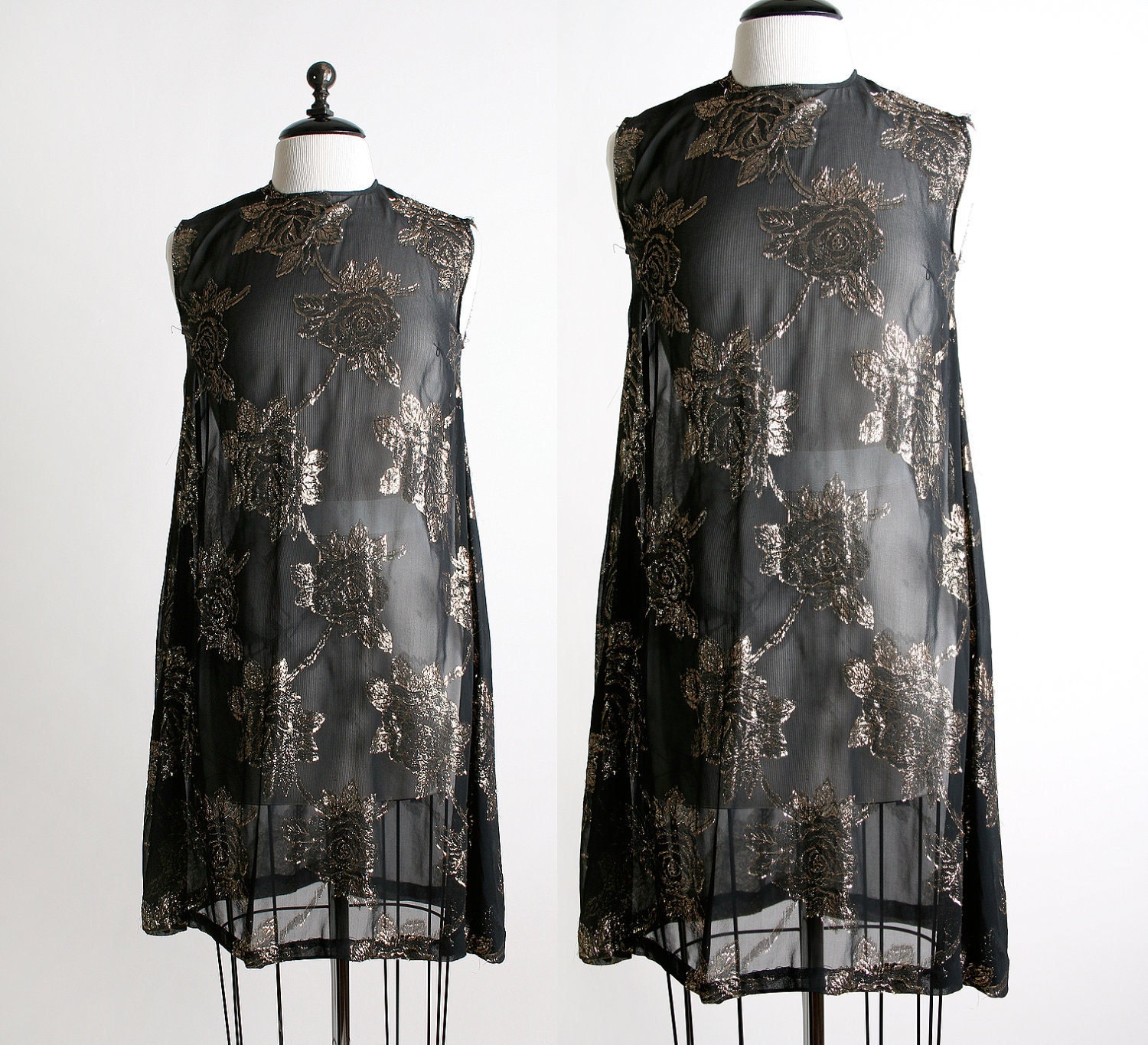 Vintage Golden Dress - Black Sheer Gold Thread Rose Print Mini Dress