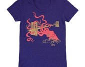 Squid Attack - Womens Girls T-Shirt Track Tee Shirt Awesome Neko Case Nautical Octopus Kraken Monster Brooklyn Bridge Blue Indigo Tshirt