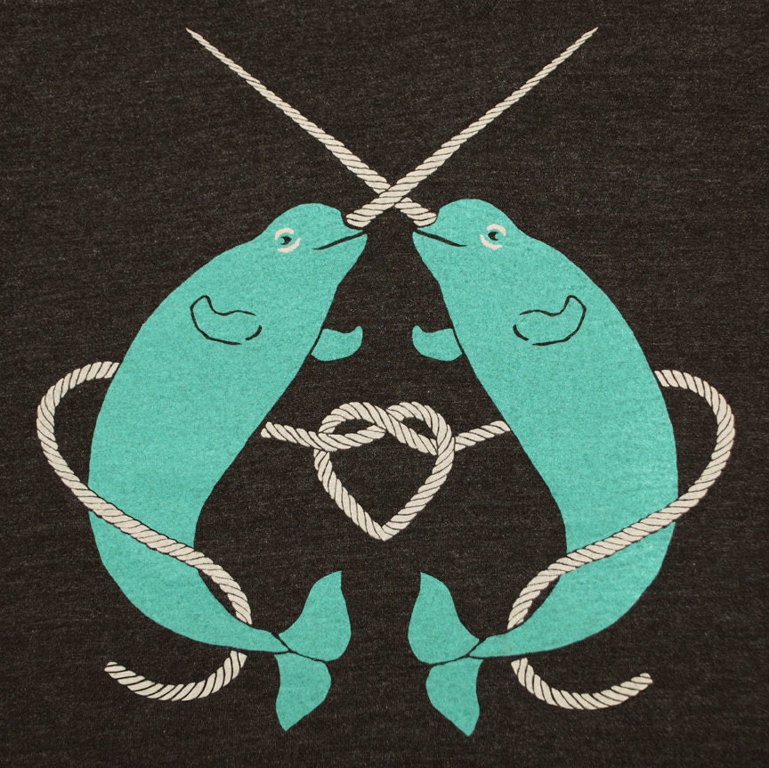 Narwhals - Womens T-shirt Girls Nautical Dolphin Narwhal Tee Shirt Blue Cute Unicorn Love Heart Charcoal Triblend Black Valentines Tshirt