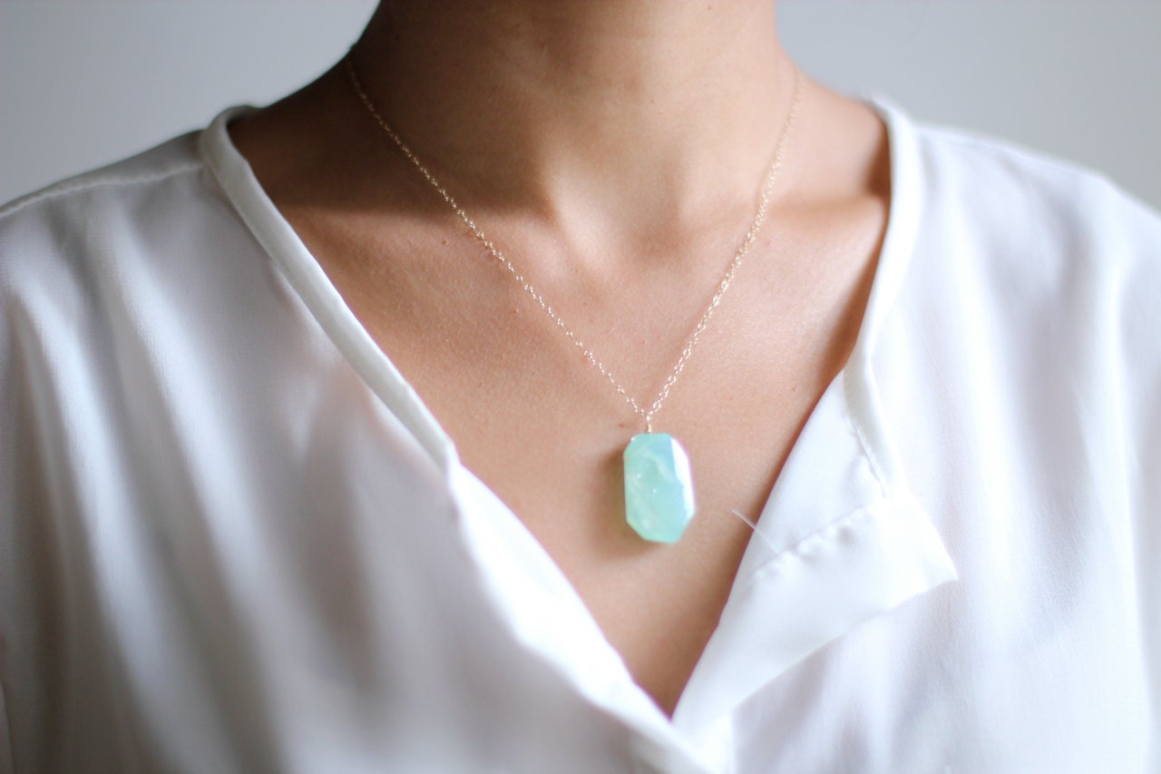 Mint Druzy Stone Gold Necklace - 14k Gold Filled Chain