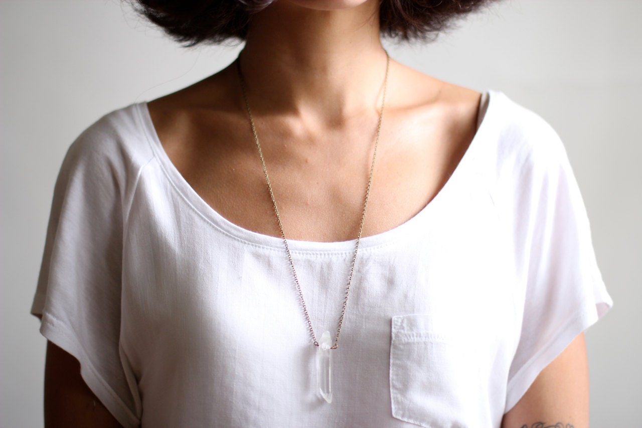 Minimalist Crystal Quartz Point Necklace - Antiqued Brass Chain