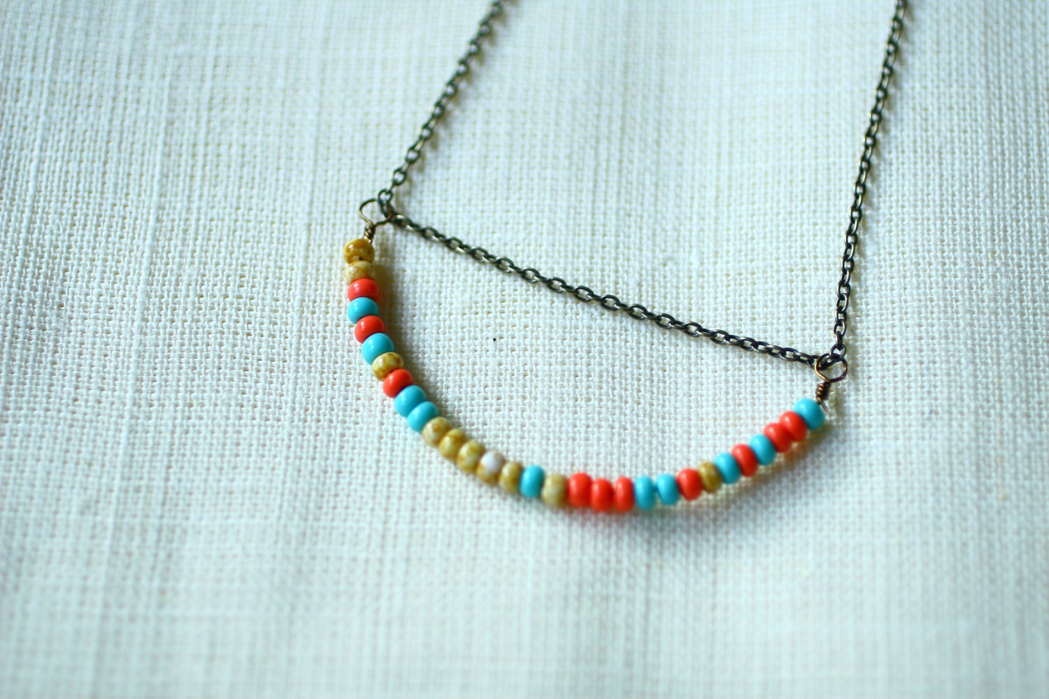 Bead Necklace Turquoise Coral Mustard Geometric - Vintage Oxidized Brass