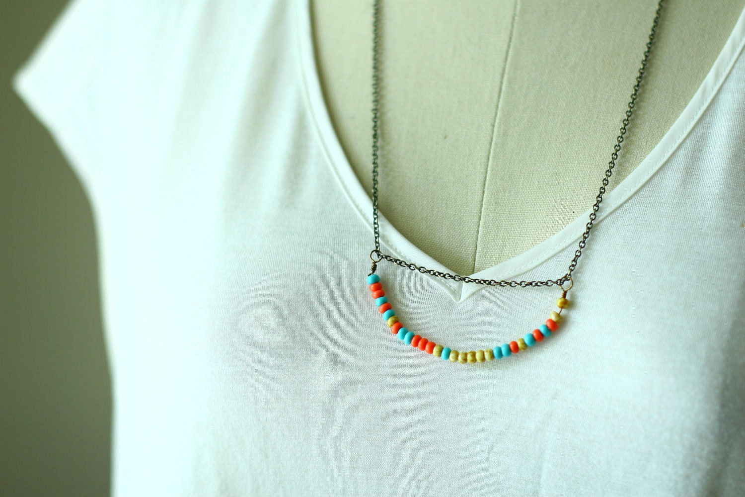 Bead Necklace Turquoise Coral Mustard Geometric - Vintage Oxidized Brass