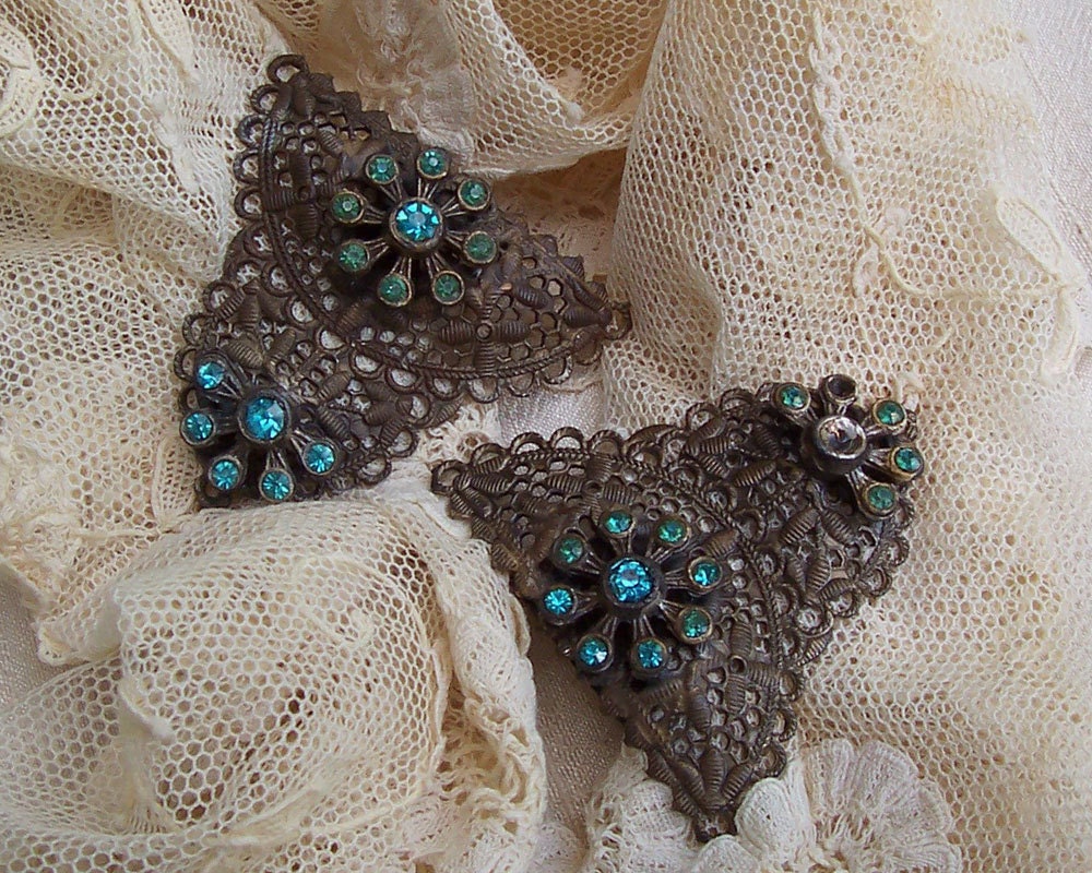 Antique Filigree Rhinestone Dress Clips, Pair . . . 1920's Vintage Jewelry ... Aqua, Turquoise ... rescue, repair