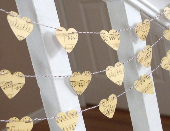 Vintage Inspired Music Sheet Heart Garland - 3 yards - Wedding and Home Decoration