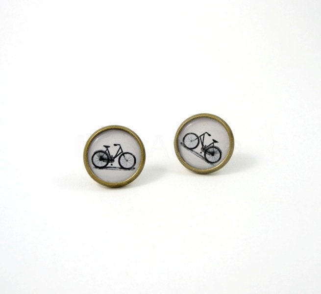 Bicycle Stud Earrings - Bike Earring Posts - Bicycle Jewelry - Black White Earrings