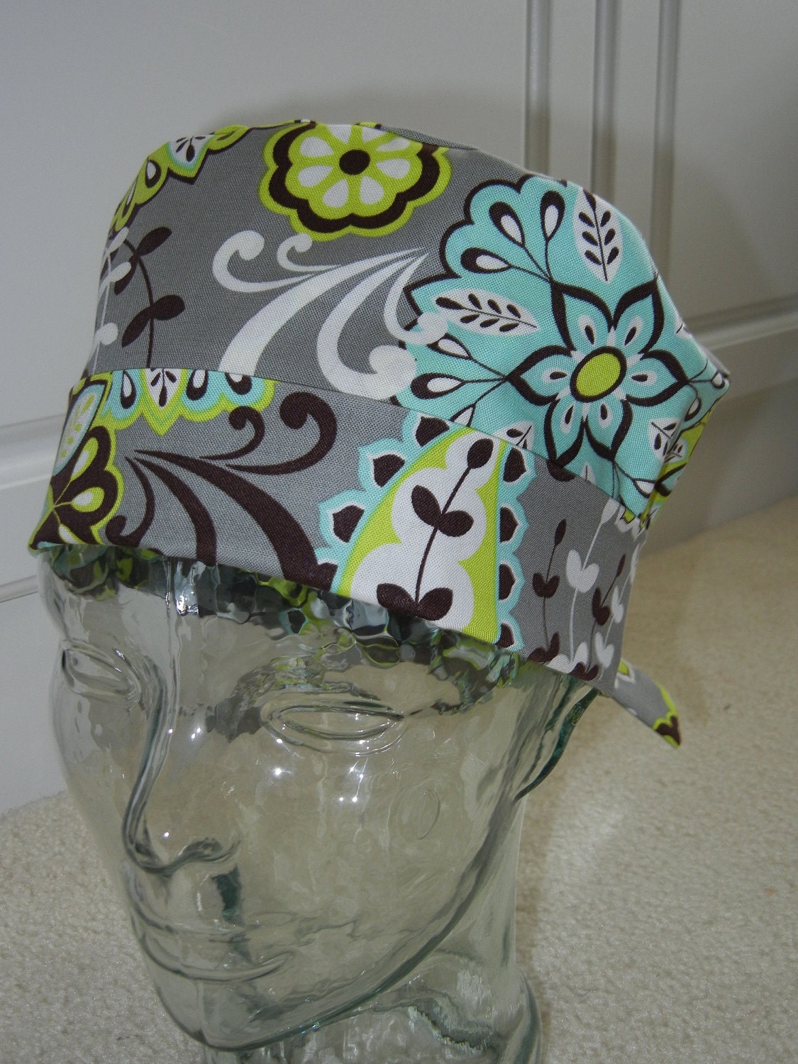 Tie Back Surgical Scrub Hat with Fancy Floral on Gray