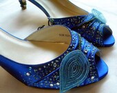 Wedding Shoes Ice Queen painted low heel  peep toes Sapphire