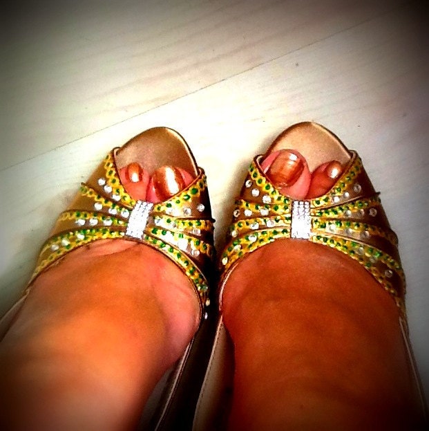 Wedding Shoes Bronze Sandals painted Indian emerald design on platform shoes