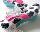 Wedding Shoes cow print  crystals on the heels tiffany blue soles hot pink bow