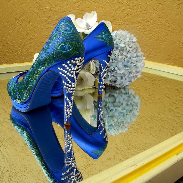 Wedding Shoes Peacock feathers and crystals blue soles