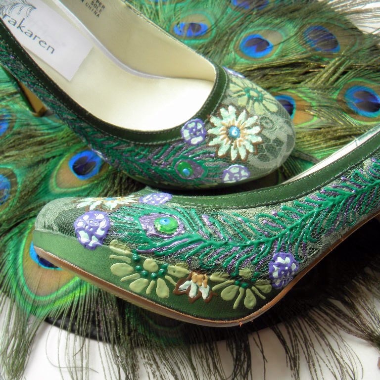 Wedding Shoes Forest green lace peacock vintage feel by