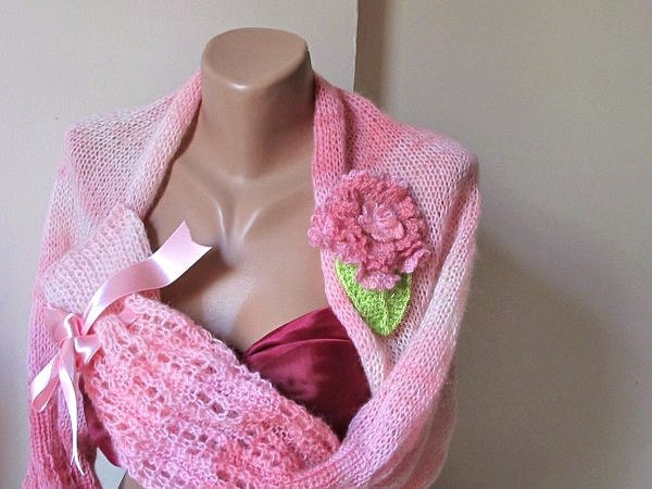 Knitted Wedding shrug. pink ,crochet flower.Ready to ship.Handmade.OOAK.spring fashion.winter accessories.
