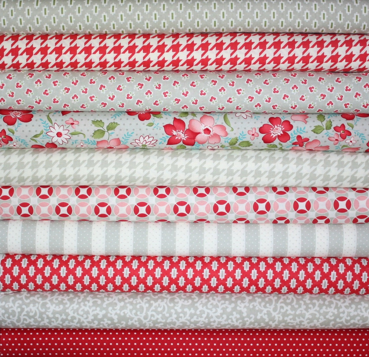 Vintage Modern by Bonnie and Camille fabric for Moda- Gray and Red 1/2 Yard Bundle-10 Total