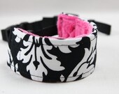 Camera  Wrist Strap - Wristlet- Wrist Strap DSLR- Damask Black and White with HOT PINK Minky