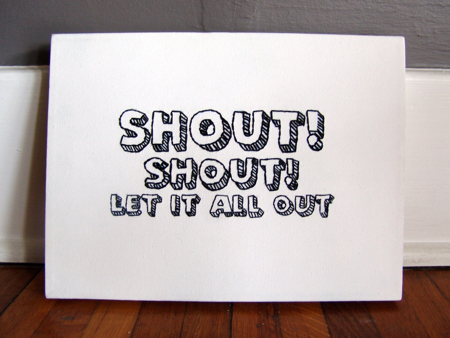 Embroidered Wall Art. Shout Shout Let It All Out. Art on Canvas Frame 9 X 12. Tears For Fears.