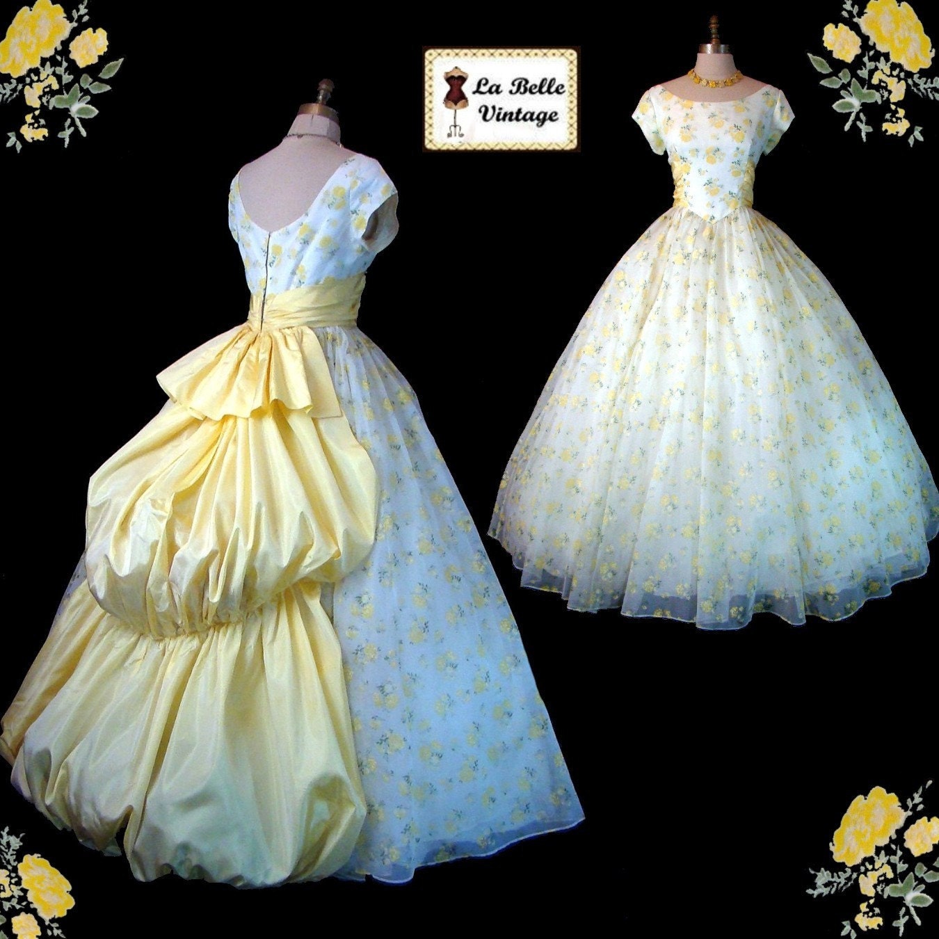 Vintage 50s 60s White & Yellow Floral Chiffon Taffeta Wedding Prom Party Dress Bustle Ball Gown M