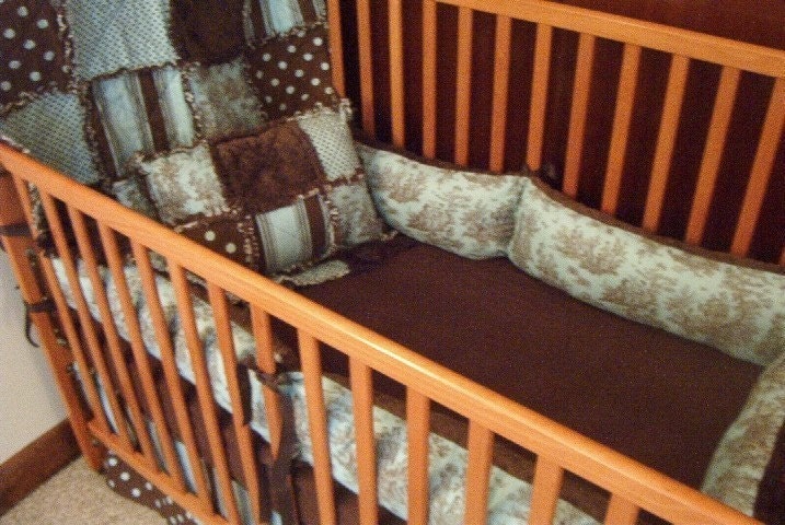 Custom  Boutique Blue and Brown Toile Baby Boy Nursery Complete 3-Piece Crib Quilt Bedding Set