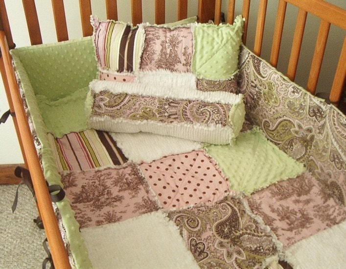 Pink Brown Green Toile and Paisley Custom Baby 4-Piece Complete Boutique Crib Quilt Nursery Bedding Set