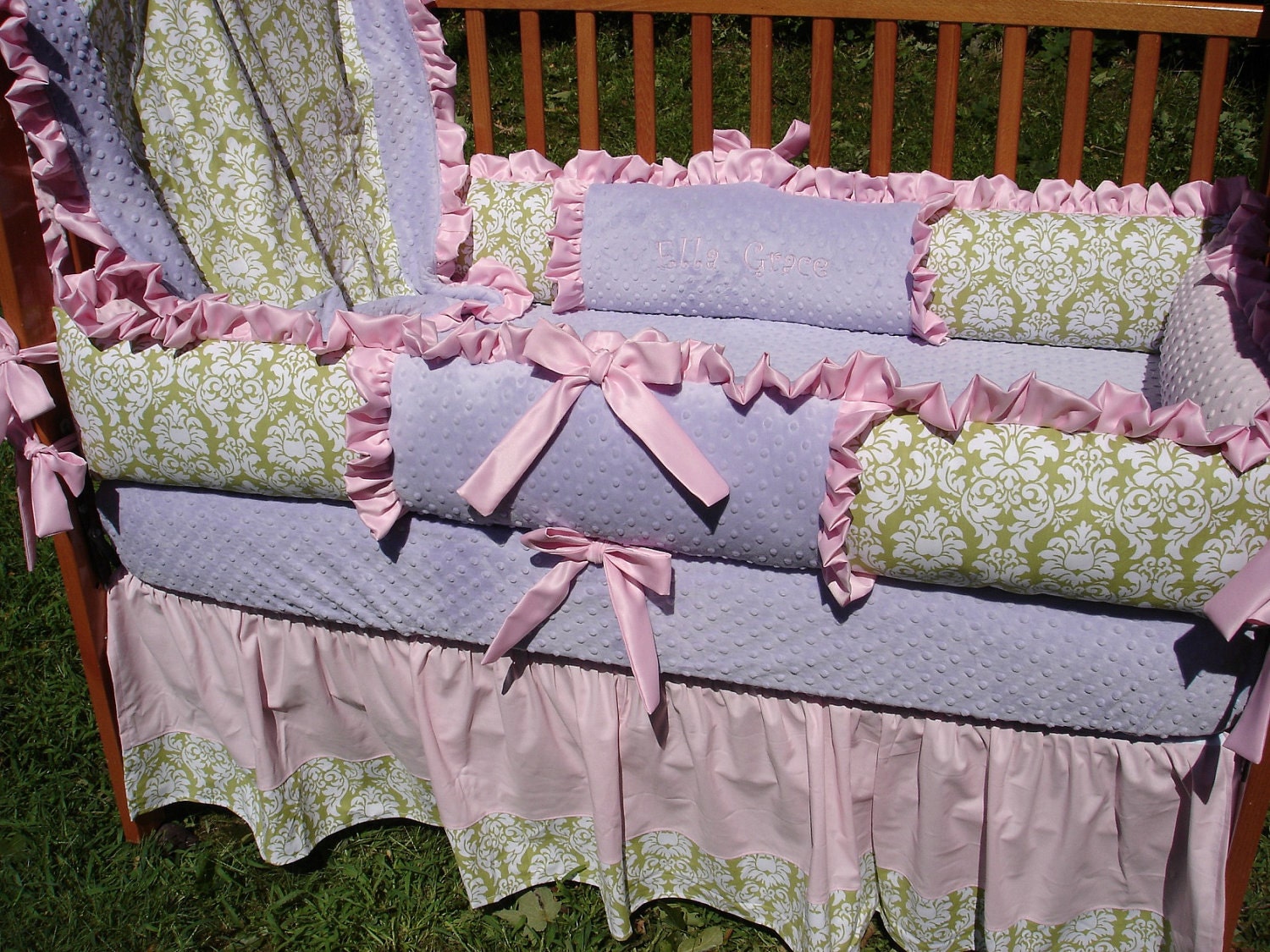 Custom Pink Lavender and Green Damask Baby Girl Complete 4-Piece Crib Bedding Set With Ruffles & Monogram